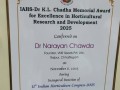 Krishi Pandit, Dr. Narayan Chawda received the first IAHS - Dr K L Chadha Memorial Award for Excellence in Horticultural Development & Research 2025 at 11th Indian Horticulture Congress 2025 at UAS, Bangalore, KA