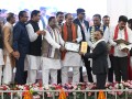 Mr.  Shukla, HOD @VNPL receiving recognition in the field of Horticulture & Extension of the latest Horticultural Technologies from Shree R. V. Netam, Agri Minister, CG, Shree Shivraj Singh Chauhan, Union Minister for Agri. & F W, Shree V. D. Say, Chief Minister, CG & Shree Vijay Sharma, Dy CM, CG (11 Jan 2025)